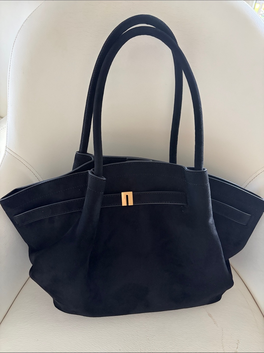 JW PEI Black Suede Shoulder Tote with Gold Accent